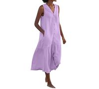 Susenstone Femme Robe d'été Lin sans Manches Ample Sport Décontractée Été Élégant Loisirs Vintage Grande Taille Tank Robe Bretelles Pas Cher Ultraléger Lâche Personnalisé Couleur Unie Violet XXL