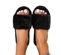 Susenstone Femmes Fluffy Sliders Pantoufles À Bout Ouvert Couleur Unie Coeur En Peluche Curseurs Doux Fuzzy Chaud Confortable D'intérieur Avec Support De Voûte, Le Noir, 42 EU
