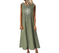 Susenstone Femmes Longue Robe Cotton en Line Ete Pas Cher Grande Taille Robe Rétro Maxi Robe Lâche Imprimé Florales Bohème Ete Mi-Longue Tank Dress Fêter San Manches Tunique Robes 05# Armée Verte XL