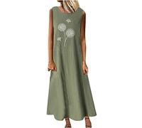 Susenstone Femmes Longue Robe Cotton en Line Ete Pas Cher Grande Taille Robe Rétro Maxi Robe Lâche Imprimé Florales Bohème Ete Mi-Longue Tank Dress Fêter San Manches Tunique Robes 04# Armée Verte