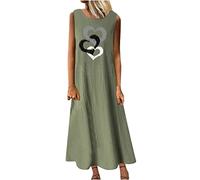 Susenstone Femmes Longue Robe Cotton en Line Ete Pas Cher Grande Taille Robe Rétro Maxi Robe Lâche Imprimé Florales Bohème Ete Mi-Longue Tank Dress Fêter San Manches Tunique Robes 06# Armée Verte 3XL