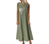 Susenstone Femmes Longue Robe Cotton en Line Ete Pas Cher Grande Taille Robe Rétro Maxi Robe Lâche Imprimé Florales Bohème Ete Mi-Longue Tank Dress Fêter San Manches Tunique Robes 03# Armée Verte