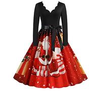Susenstone Femmes Robes De Noël Manche Longue Robe De Cocktail Vintage Drôle De Noël Imprimé Robe Balançoire pour la Fête de Noël Robe de Cocktail trapèze