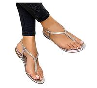 Susenstone Femmes Sandales Plates Clip Toe Mesdames Sandales à Bretelles Perlées Strass Coupe Large Mode Été Sandales Plage & Piscine Chaussures Pas Cher été Confortable Orthopedique Argent 40 EU