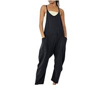 Susenstone Jumpsuit Femme Chic Salopette Combinaison Ample sans Manches à Bretelles Spaghetti et col en V Jambes Larges Jumpsuit Casual Playsuit Été Overalls Rompers avec Poches 3XL 01# Noir