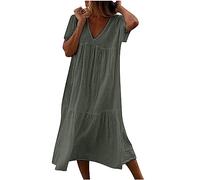 Susenstone Longue Robe Cotton en Line Blanche Col en V Ete Robe Rétro Maxi Robe Lâche Couleur Unie Bohème Ete Mi-Longue Dress Fêter Robe de Vacances à la Plage Ete Vert XXL
