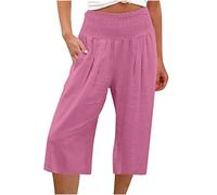 Susenstone Pantalon Court Femme Été Pantacourt Fluide Jambe en Coton et Lin Pantalon de Jogging léger pour Femme Pantalon de Longueur 3/4 à séchage Rapide Pantalon Rose Vif XXL