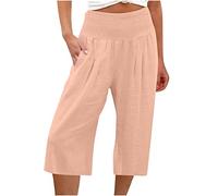 Susenstone Pantalon Court Femme Été Pantacourt Fluide Jambe en Coton et Lin Pantalon de Jogging léger pour Femme Pantalon de Longueur 3/4 à séchage Rapide Pantalon Rose XXL