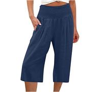 Susenstone Pantalon Court Femme Été Pantacourt Fluide Jambe en Coton et Lin Pantalon de Jogging léger pour Femme Pantalon de Longueur 3/4 à séchage Rapide Pantalon Marine XL