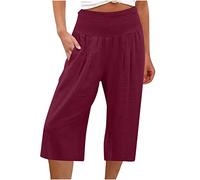 Susenstone Pantalon Court Femme Été Pantacourt Fluide Jambe en Coton et Lin Pantalon de Jogging léger pour Femme Pantalon de Longueur 3/4 à séchage Rapide Pantalon Rouge XXL
