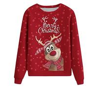 Susenstone Pull De Noel Femme France,Chandail pour Nouveauté Drôle Renne Pulls Flocons Neige Manches Longues Col Ras du Cou Graffic Sweat Chemisier T Shirts Tops Pas Cher, 01-rouge, M