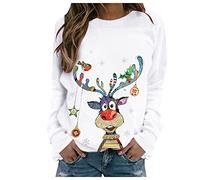 Susenstone Pull De Noel Femme Rigolo Noël Drole Ugly Christmas Jumper Col Rond Moches Pullover Imprimé Manches Longues Chemisier T-Shirt pour Femmes 01-blanc