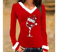 Susenstone Pull Femme Noël Verre à Vin Imprimé Chemise Col Rond Manches Longues T-Shirt Pull Blouse Tops Tunique T-Shirt Chemise De Noël T-Shirt Pull De Noël Sweat Femme Chemise De Noël Chemisier