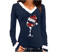 Susenstone Pull Femme Noël Verre à Vin Imprimé Col Rond Manches Longues T-Shirt Blouse Tops Tunique Sweat Chemisier