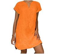 Susenstone Robe Ete Femme Cotton en Line Mi Longue Femmes T-Shirt Robe de Travail Chic et Elegant Décontractée Couleur Unie Manche Courte Jupe Chemise Maxi Robes De Soie Orange XL