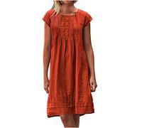 Susenstone Robe Ete Femme en Lin Mi Longue Plissée T-Shirt Robe Travail Chic et Elegant e Couleur Unie Manche Courte Jupe Vêtements Femme Cotton en Line Chemise Robes Soleil XXL Orange
