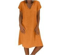 Susenstone Robe Lin Ete Femme Mi Longue Femmes Tank Robe de Travail Chic et Elegant Décontractée Couleur Unie Manche Courte Paire avec Jupe Femme Cotton en Line Chemise Maxi Robes De Soie Orange XXL