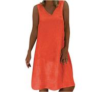Susenstone Robe Lin Ete Femme Mi Longue Femmes Tank Robe Travail Chic et Elegant e Couleur Unie sans Manches Paire Jupe Vêtements Femme Cotton en Line Chemise Maxi Robes Soie XL Orange