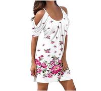 Susenstone Robes De Plage Femmes D'épaule Froide Robe Midi Imprimé Floral Élégant À Manches Courtes Réservoir Décontracté Boho Sexy Mariée Vacances Cocktail #08 Blanc