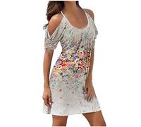 Susenstone Robes De Plage Femmes D'épaule Froide Robe Midi Imprimé Floral Élégant À Manches Courtes Réservoir Décontracté Boho Sexy Mariée Vacances Cocktail #04 Gris