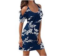 Susenstone Robes Plage Femmes Robes D'épaule Froide Robe Midi Imprimé Floral Élégant À Manches Courtes Robe Réservoir Robe Plage Boho Sexy Robe Mariée Vacances Cocktail #11 Bleu Foncé