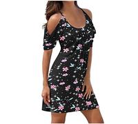 Susenstone Robes Plage Femmes Robes D'épaule Froide Robe Midi Imprimé Floral Élégant À Manches Courtes Robe Réservoir Robe Plage Boho Sexy Robe Mariée Vacances Cocktail XL #16 Noir