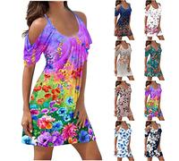 Susenstone Robes Plage Femmes Robes D'épaule Froide Robe Midi Imprimé Floral Élégant À Manches Courtes Robe Réservoir Robe Plage Boho Sexy Robe Mariée Vacances Cocktail XXL #07 Violet