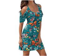 Susenstone Robes Plage Femmes Robes D'épaule Froide Robe Midi Imprimé Floral Élégant À Manches Courtes Robe Réservoir Robe Plage Boho Sexy Robe Mariée Vacances Cocktail XL #03 Vert