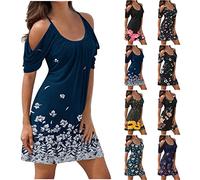 Susenstone Robes Plage Femmes Robes D'épaule Froide Robe Midi Imprimé Floral Élégant À Manches Courtes Robe Réservoir Robe Plage Boho Sexy Robe Mariée Vacances Cocktail XXL #18 Bleu Foncé
