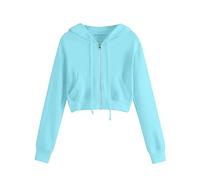 Susenstone Sweat à Capuche Court Femme à Manches Longues Couleur Unie Pullover Sweat-Shirt Chemisier Crop Tops Sweat à Capuche Femme avec Zippé Automne Hiver Sweat-Shirt avec Poches