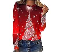 Susenstone Sweats de Noël Femmes Renne Père T-Shirts Casual Manches Longues Pull Tops Arbre Imprimé Sweat Tuniques Xmas Dames Vente Liquidation Chic et Élégant Déguisement Noël, 03-rouge