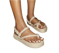 Susenstone Tongs Sandales Compensees femme plates Tresse Croisée en Corde de Lin Été 2021 Talons Plateforme Romaines Espadrilles Cuir Bout Ouvert Chaussures pour Plage Antidérapant Femme