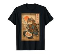 Sushi Amusant Chat samouraï Dojo Coucher de Soleil Ukiyo-e Manga Kanji Art T-Shirt Graphique avec Valeur, Homme, Noir, L