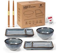 Sushi set Misaki gris-bleu pour deux personnes, 2 assiettes à sushi, 2 bols en céramique, 2 paires de baguettes en bambou naturel sans polymères