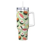 Sushi sur papier imprimé vert,Gobelet isotherme Ice Bully de 40 oz avec poignée, couvercle et paille, en acier inoxydable, pour voiture ou café.