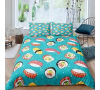 Sushis de Dessin Animé Housse de Couette 140x200 Parures de Lit 1 Personne Imprimé 3D Microfibre Douce Enfants, Garçons et Filles Housses Couette avec 2 Taies d'oreiller et Fermeture Éclair h.5702