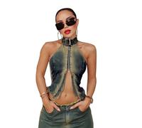 SUSHRUTA Y2K Vintage Denim Summer Crop Top Zipper Split Sleeveless Backless Halter Tops 2000S Clothes Streetwear,Blue,S