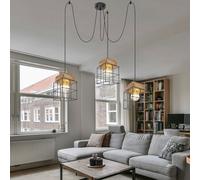 Suspension 3 lumières vintage salle à manger en bois, métal noir marron, 3 douilles E27, DxH 20x300 cm