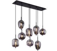 Suspension, 8 flammes, lampe de salon, suspension, lampe de salon, abat-jour en verre fumé, 8 abat-jour en métal différents, 8x E14, LxlxH 94x34x120 cm
