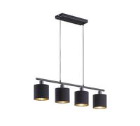 Suspension à 4 ampoules, abat-jour en tissu noir/doré, 75 cm de large