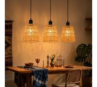 Suspension bohème en rotin, lampe de table à 3 lumières, style vintage, abat-jour en corde de chanvre tressée, douille E27, idéale pour la salle à manger et la chambre (ampoule non incluse)