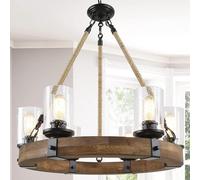 Suspension de Ferme à 6 lumières, Lustre en Forme de Roue de Chariot, Abat-Jour en Verre à Bulles, éclairage Suspendu Rond en Bois, Lampe Suspendue Vintage pour Table, Salon, Chambre à Couch