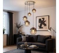 Suspension De Plafond En Chrome Avec Verre Fumé 5 Boules Hauteur 150 Cm
