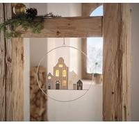 Suspension décorative "Maisons" en bois, anneau métallique Ø 30 cm, avec éclairage LED, déco murale, déco de fenêtre