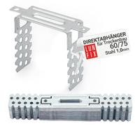 Suspension directe 60/75 mm / 1,0 mm en acier galvanisé 0,8 mm pour plafond et cloison sèche, compatible profilés CD 60/27, lot de 100 pièces, suspente placo robuste pour ossature métallique