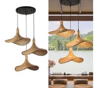 Suspension E27 Natural Bamboo Tissage Lustre 3 Flammes Combinaison Table À Manger Pendentif Lumière Salon Chambre Restaurant Café Bar Hauteur Réglable Plafonnier Tissé À La Main Lampe Suspendue(D)