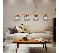 Suspension en bois 4 lumières, lampe de salon noire avec abat-jour en treillis, métal bois, noir marron, 4 douilles E27, LxlxH 85x15x150 cm