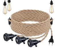 Suspension en Corde de Chanvre 6.8m, Tête 3-Flamme Suspension à Douille E27 avec Prise, Vintage Lustre Corde Chanvre avec Prise Interrupteur pour Cuisine Chambre Bar Loft(Ampoule Non Incluse)