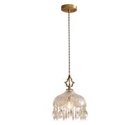 Suspension en Cristal et Verre, Style Vintage français, avec Abat-Jour en Laiton et Verre Cristal. Lustre Suspendu en Cristal doré, réglable, idéal pour la Salle à Manger.