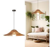Suspension en rotin à larges bords, lampe suspendue en forme de chapeau, plafonnier bohème bohème, tissé à la main, hauteur réglable, fibre naturelle, E26/E27 pour salon, chambre à coucher, salle à ma